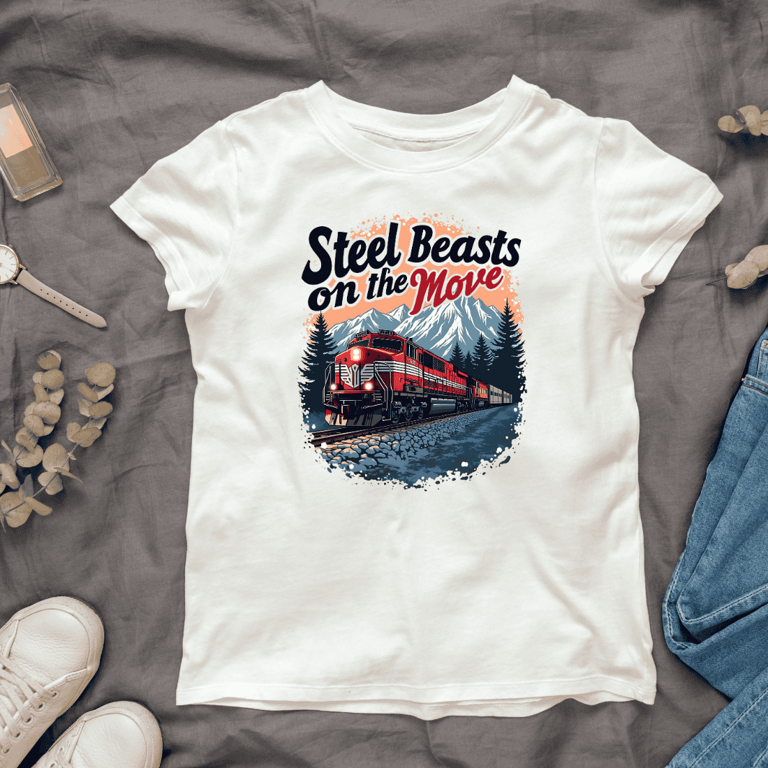 Red Freight Train Passing Through Mountains T-Shirt Design Bundle cover image.