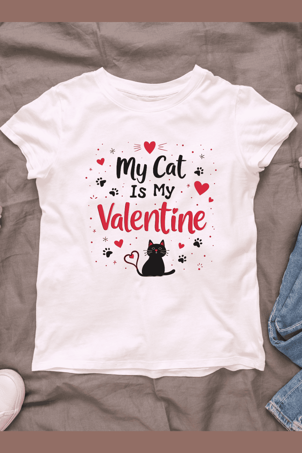 Pet Lover Valentine with Cat Silhouette T-Shirt Design Bundle pinterest preview image.