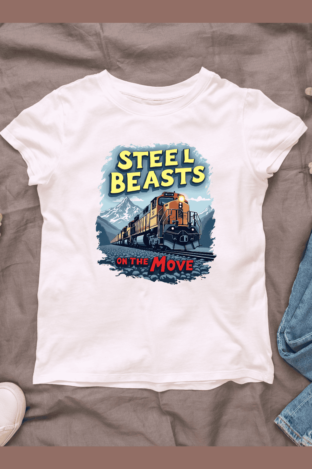 Powerful Train Traveling Through Mountain Scenery T-Shirt Design Bundle pinterest preview image.