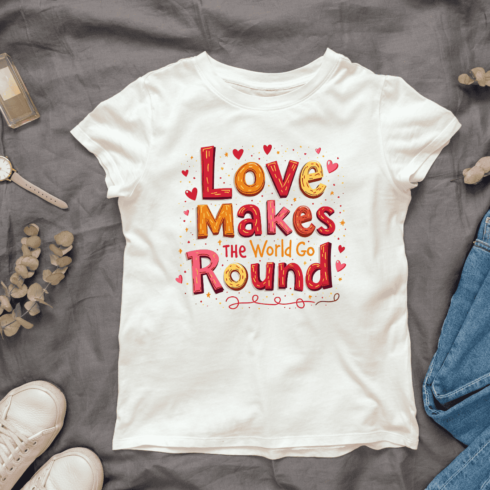 Love Makes the World Go Round with Hearts T-Shirt Design Bundle cover image.