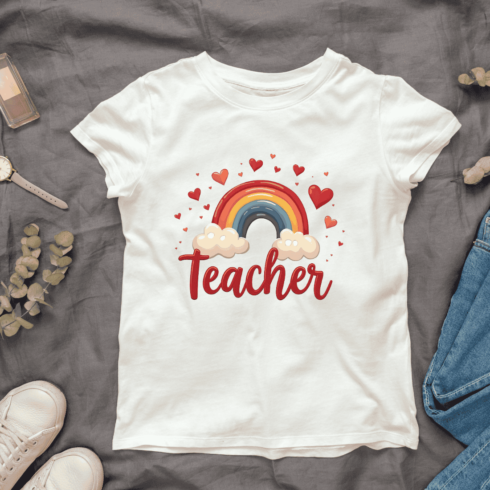 Teacher Typography with Rainbow T-Shirt Design Bundle cover image.