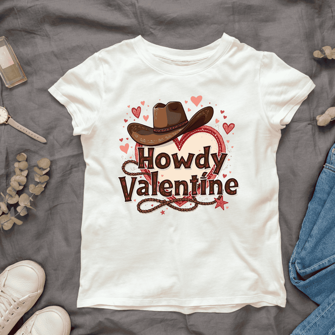 Cowboy Hat and Hearts for Valentine's Day T-Shirt Design Bundle cover image.