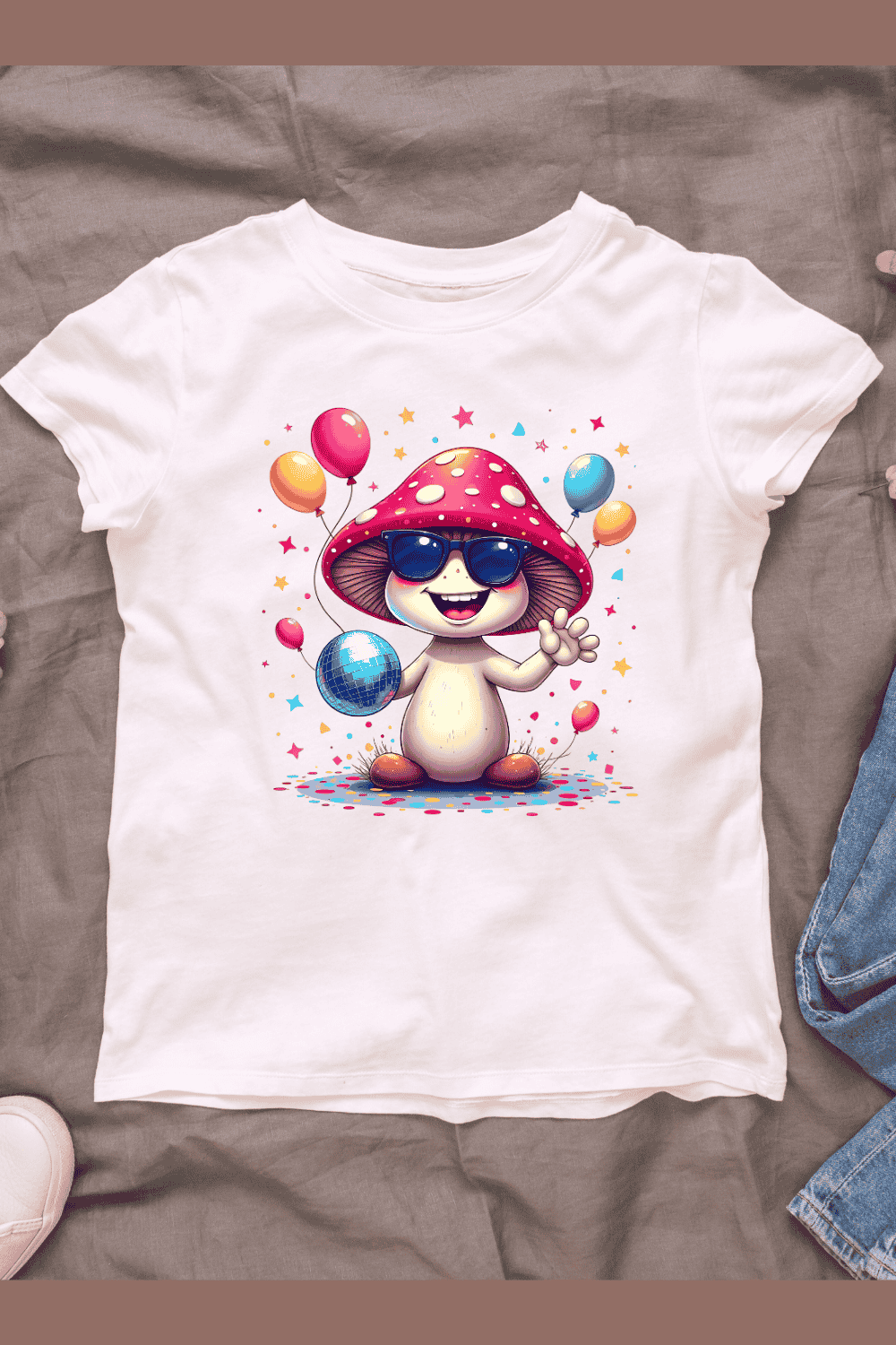 Cartoon Mushroom with Balloons and Disco Ball T-Shirt Design Bundle pinterest preview image.