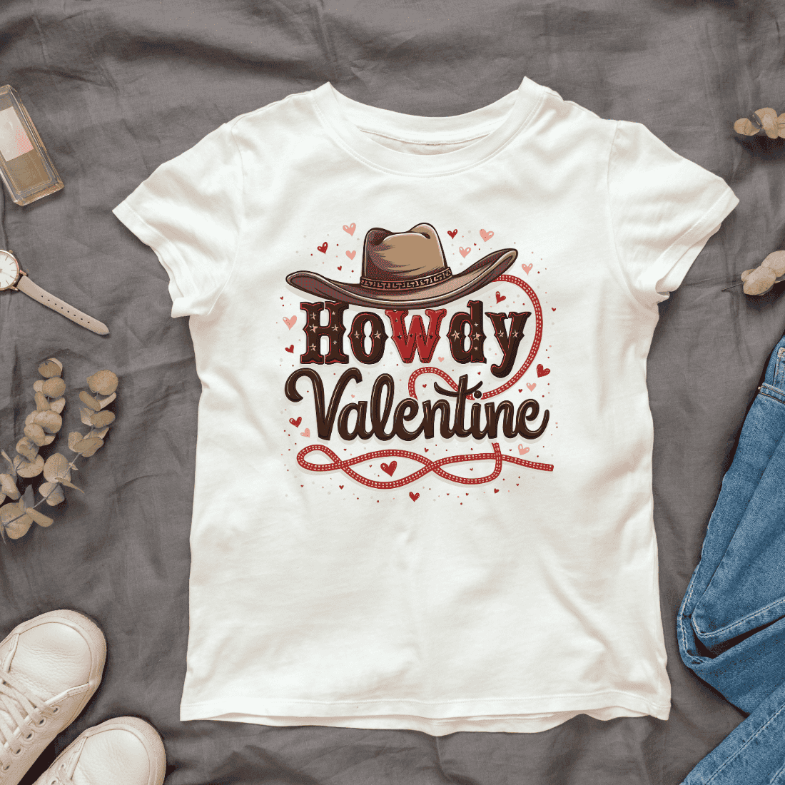 Howdy Valentine with Cowboy Hat and Hearts T-Shirt Design Bundle cover image.