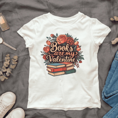 Book Lover Valentine with Roses and Stack of Books T-Shirt Design Bundle cover image.