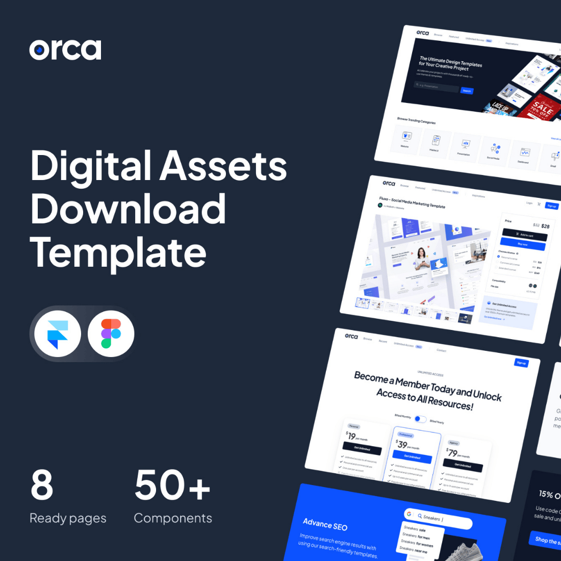 Digital Downloads Framer charts Template UI kit for Figma + Adobe XD cover image.