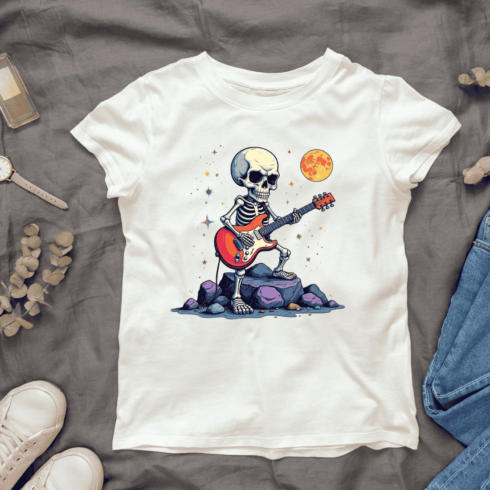 Skeleton Playing Electric Guitar on Rocks T-Shirt Design Bundle cover image.