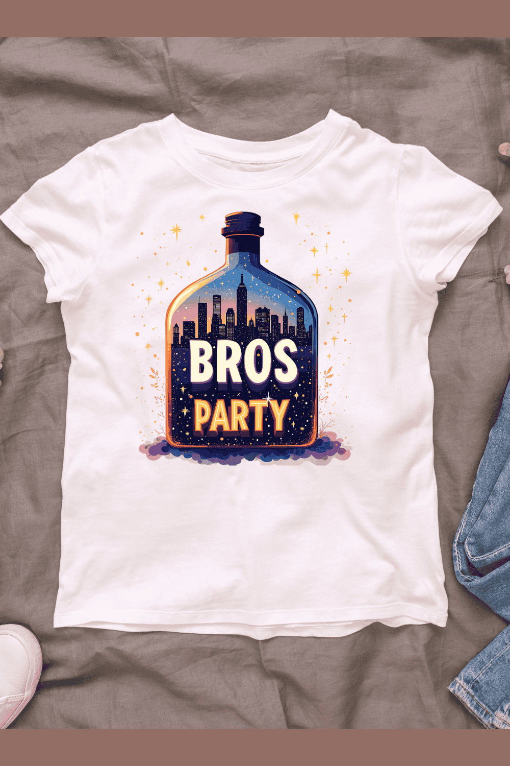 Cityscape Inside a Bottle with Bros Party Text T-Shirt Design Bundle pinterest preview image.