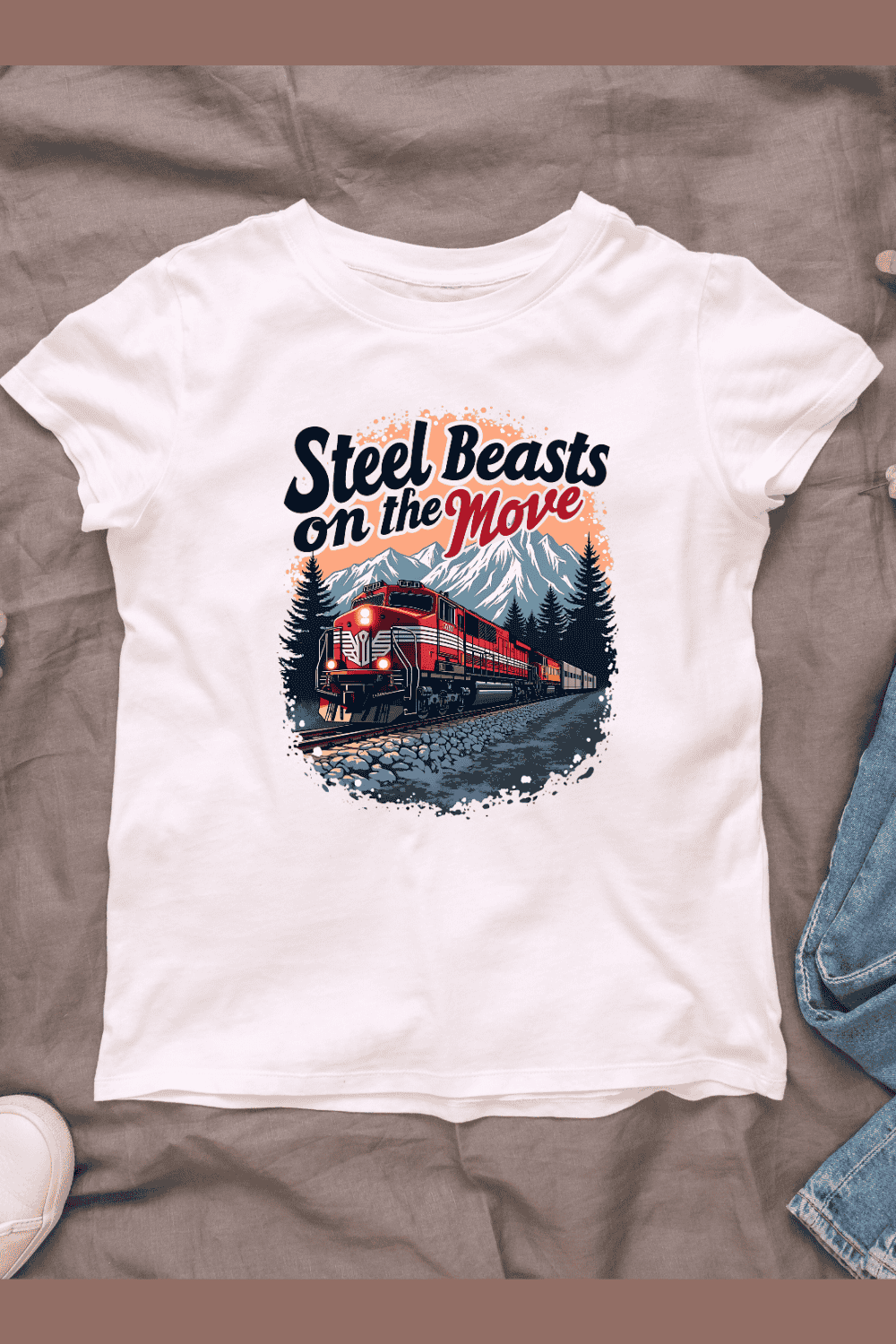 Red Freight Train Passing Through Mountains T-Shirt Design Bundle pinterest preview image.