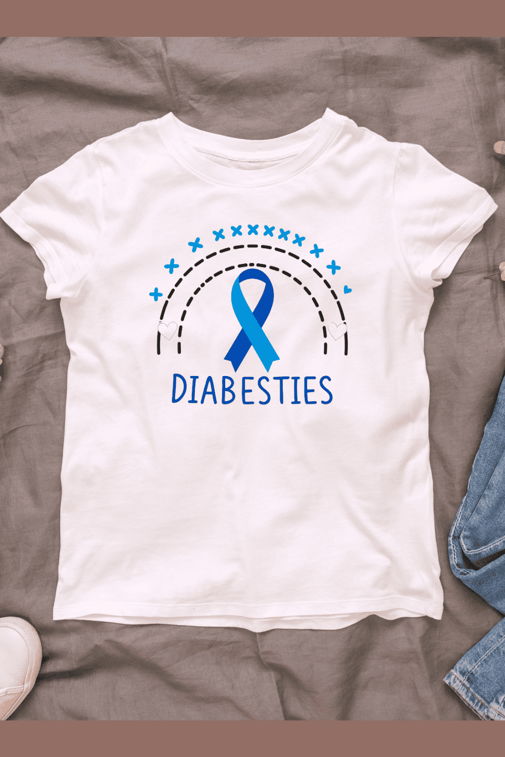 Diabetes Awareness Ribbon with Rainbow and Hearts T-Shirt Design Bundle pinterest preview image.