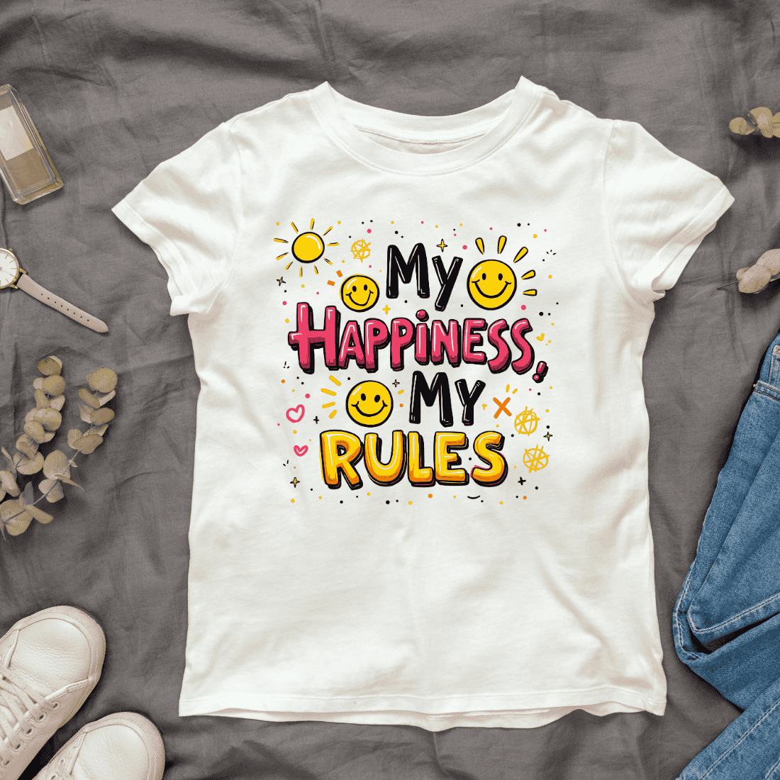 My Happiness My Rules with Smiley Faces and Sun T-Shirt Design Bundle cover image.