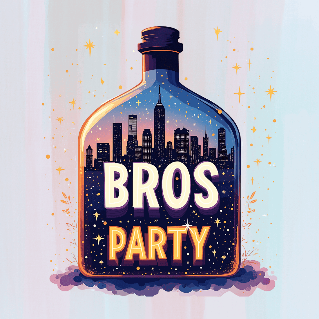 Cityscape Inside a Bottle with Bros Party Text T-Shirt Design Bundle preview image.