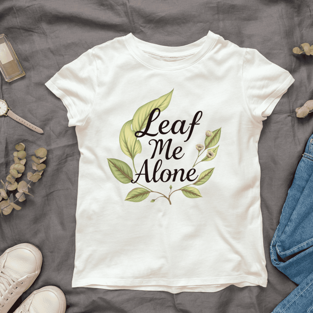 Leaf Me Alone Quote with Floral Frame T-Shirt Design Bundle cover image.