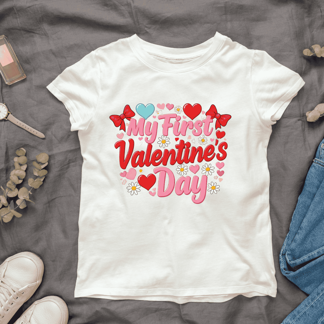 Newborn Valentine with Bows and Hearts T-Shirt Design Bundle cover image.