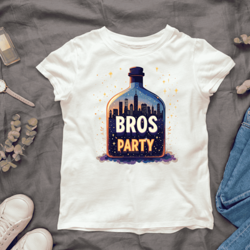 Cityscape Inside a Bottle with Bros Party Text T-Shirt Design Bundle cover image.