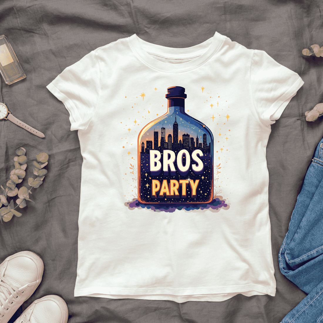 Cityscape Inside a Bottle with Bros Party Text T-Shirt Design Bundle cover image.