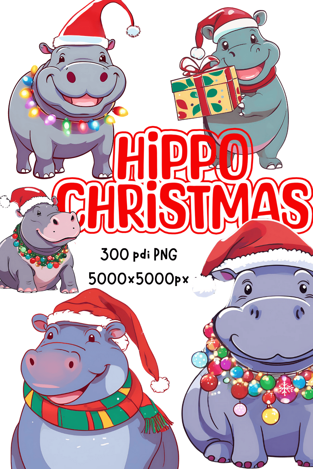 Hippo Christmas cliparts bundle PNG 300dpi transparent backgraund large size pinterest preview image.