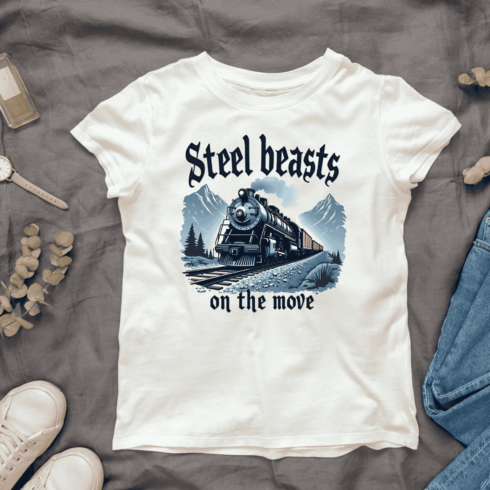 Vintage Train on Tracks with Mountain Backdrop T-Shirt Design Bundle cover image.