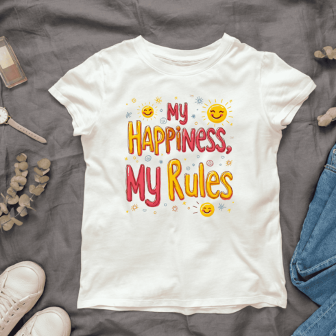 Positive Quote about Happiness and Self-Rules T-Shirt Design Bundle cover image.