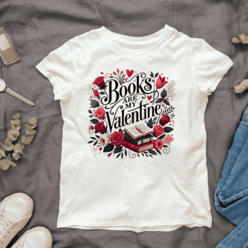 Books Are My Valentine with Flowers and Books T-Shirt Design Bundle cover image.