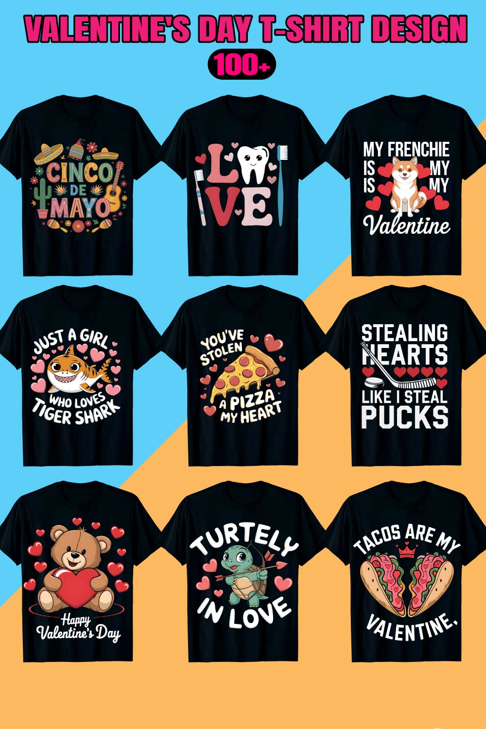 100+ Print Ready Valentine's Day T-Shirt Design Bundle - 100+ Creative Designs pinterest preview image.