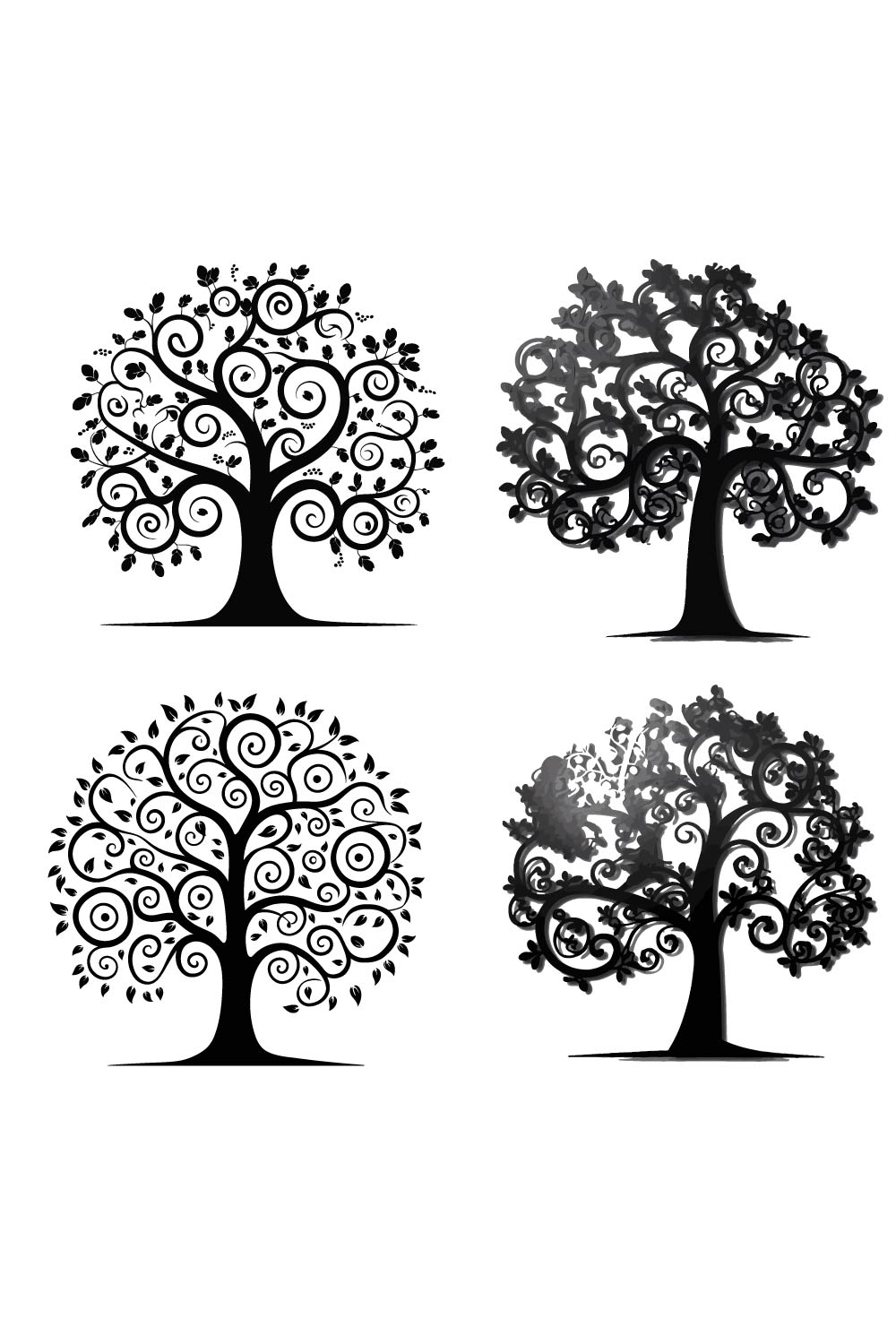 4 Intricate Swirls and Leaves on a Tree Icon design Bundle pinterest preview image.