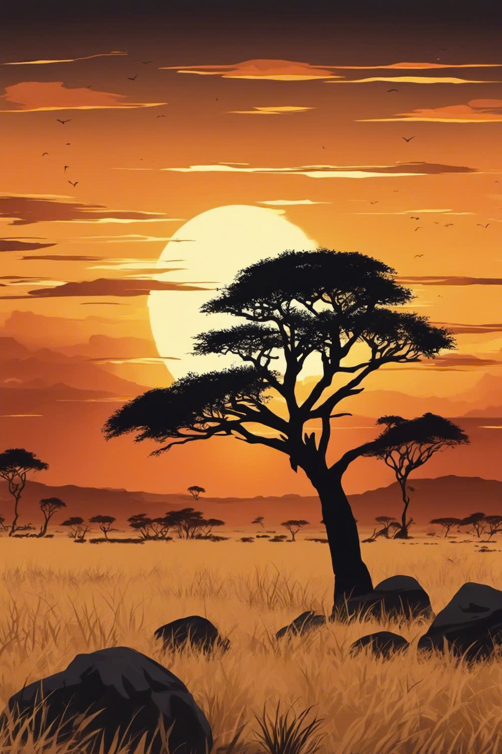 African Savannah Sunset: Acacia Tree Silhouette with Grassland, Rocks, and Vibrant Colors of Nature pinterest preview image.