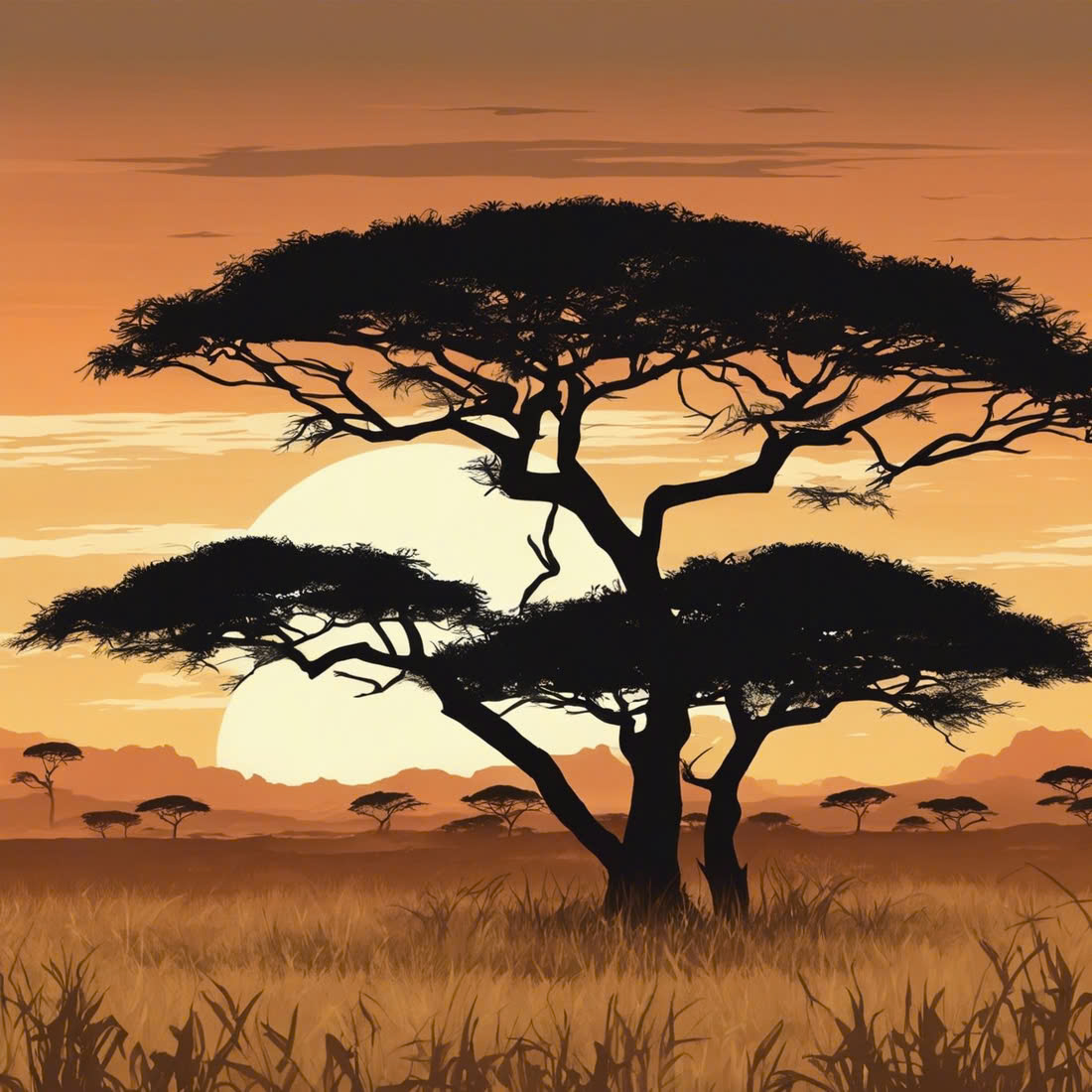 African Savannah Sunset: Acacia Tree Silhouette with Grassland, Rocks, and Vibrant Colors of Nature preview image.