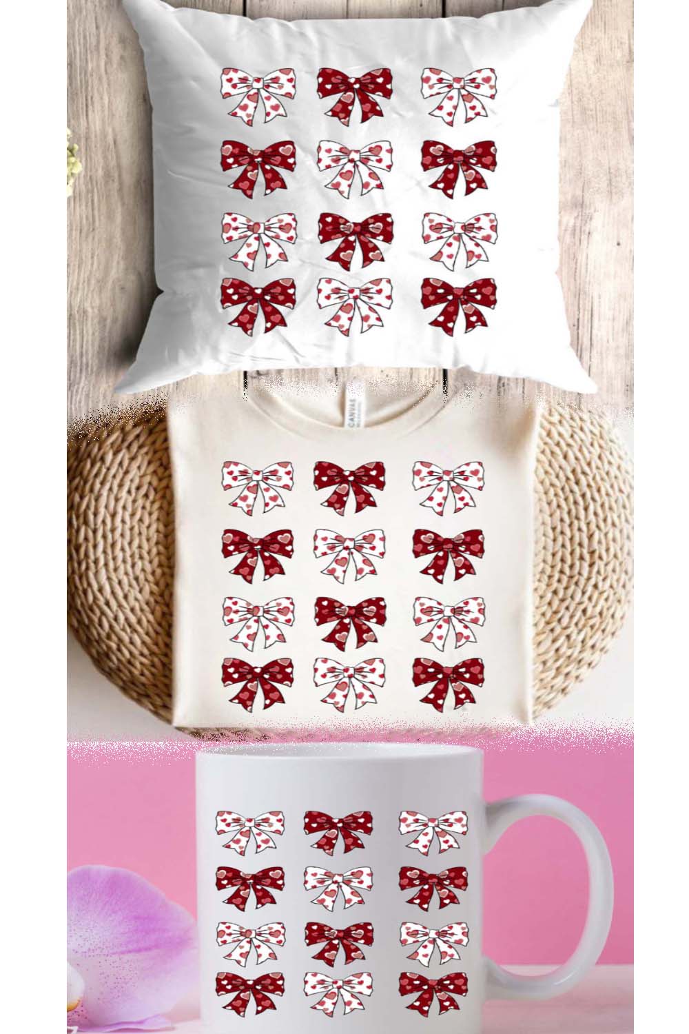 Valentine’s Day Coquette Bow Heart T-Shirt Design pinterest preview image.