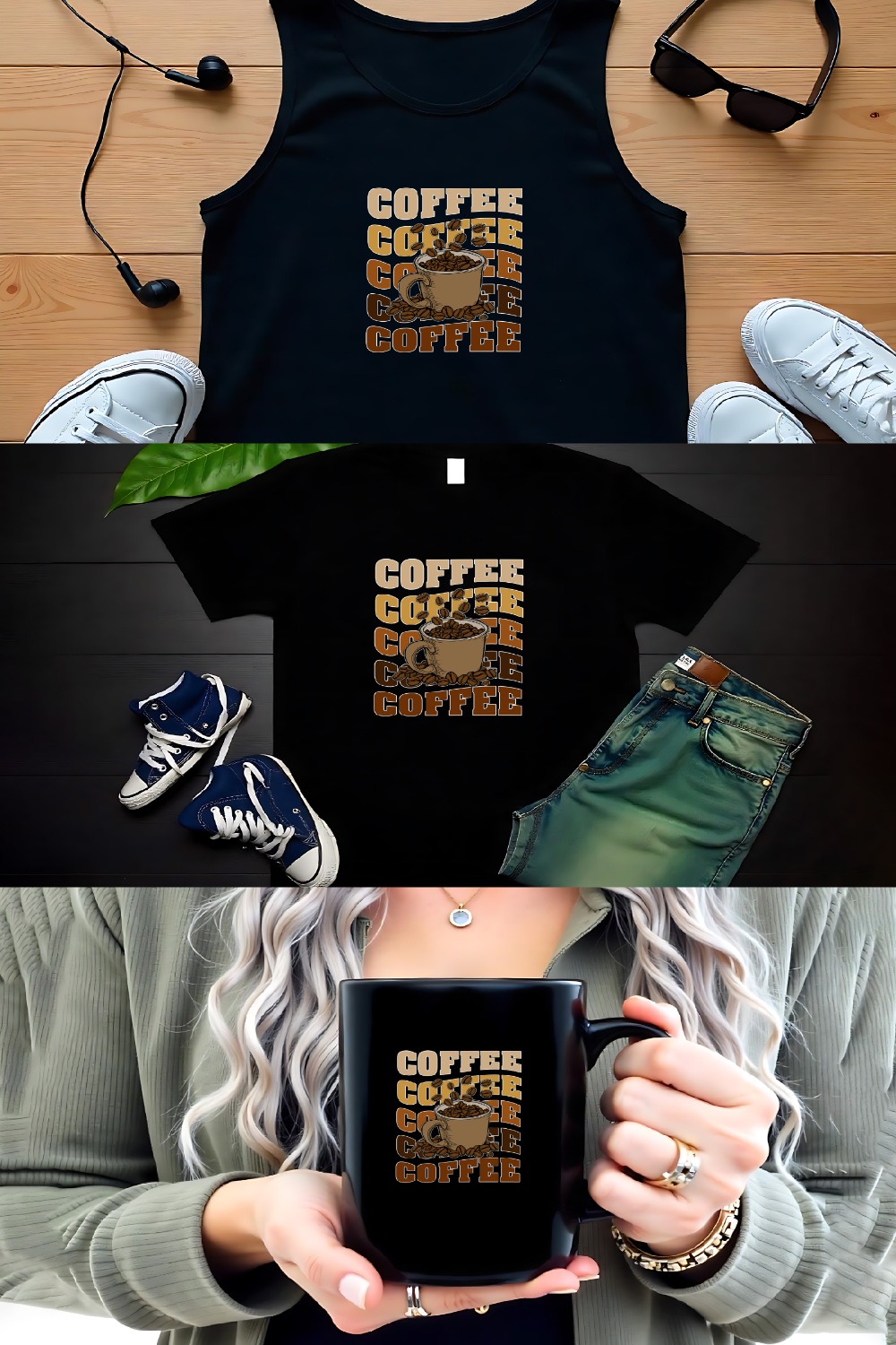 Vintage Coffee Typography Design with Cup and Beans Illustration pinterest preview image.