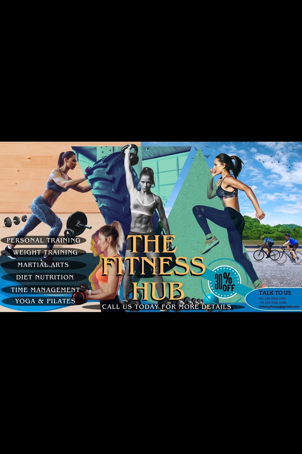 Product Title for MasterBundles: "Modern Fitness Hub Poster Design Template - Gym, Yoga, and Nutrition Promotion" pinterest preview image.