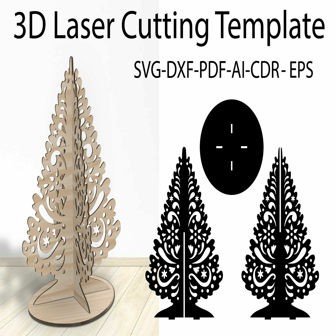 3D Christmas Tree SVG Laser Cutting Template Vector EPS, CDR preview image.