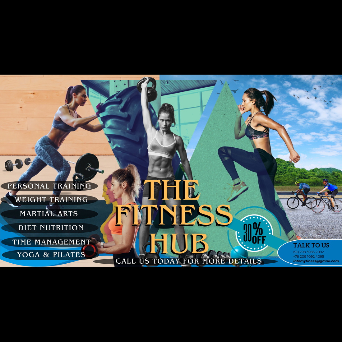 Product Title for MasterBundles: "Modern Fitness Hub Poster Design Template - Gym, Yoga, and Nutrition Promotion" preview image.