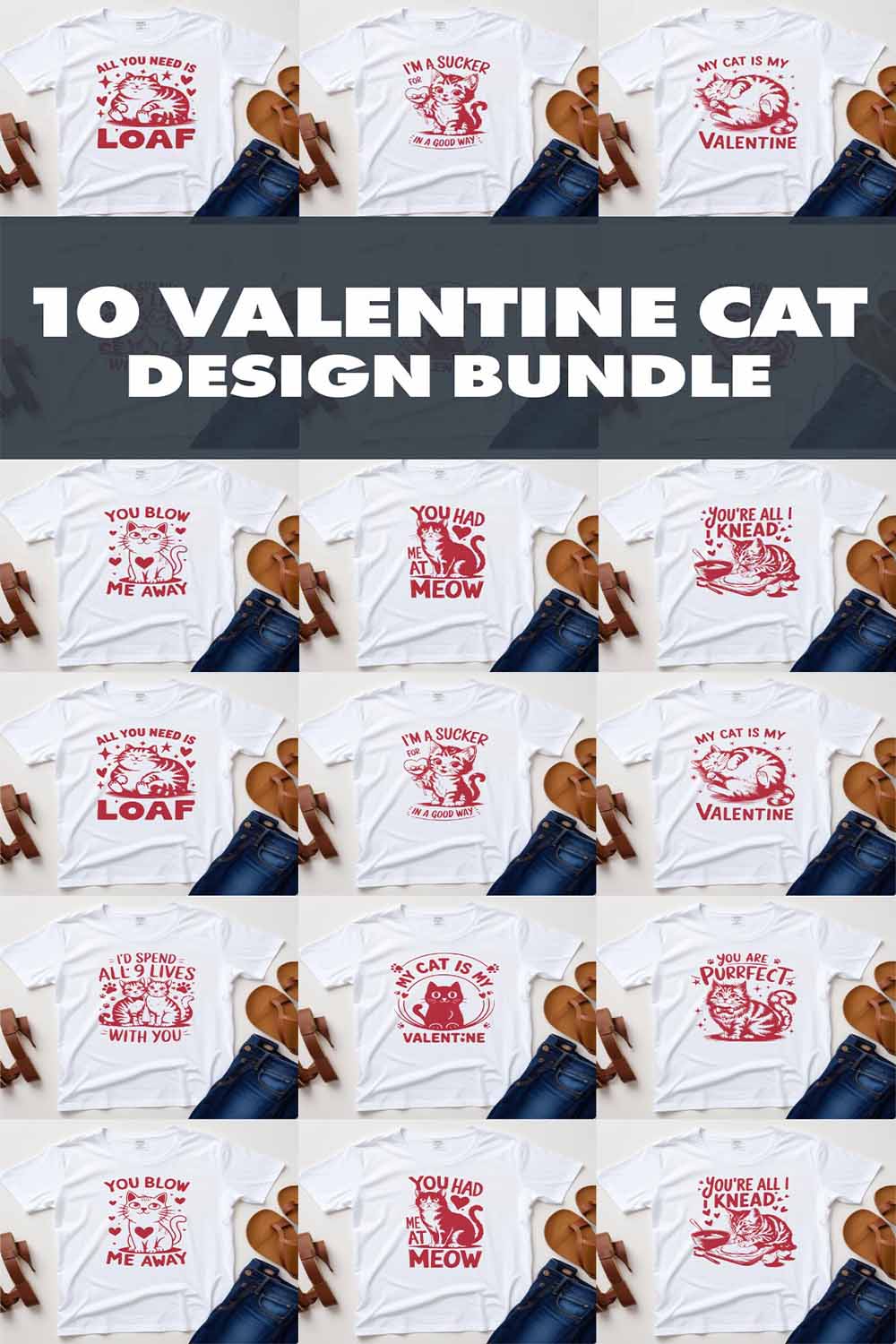 10 Valentines Day Cat Graphic Design Bundle For Cat Lovers pinterest preview image.