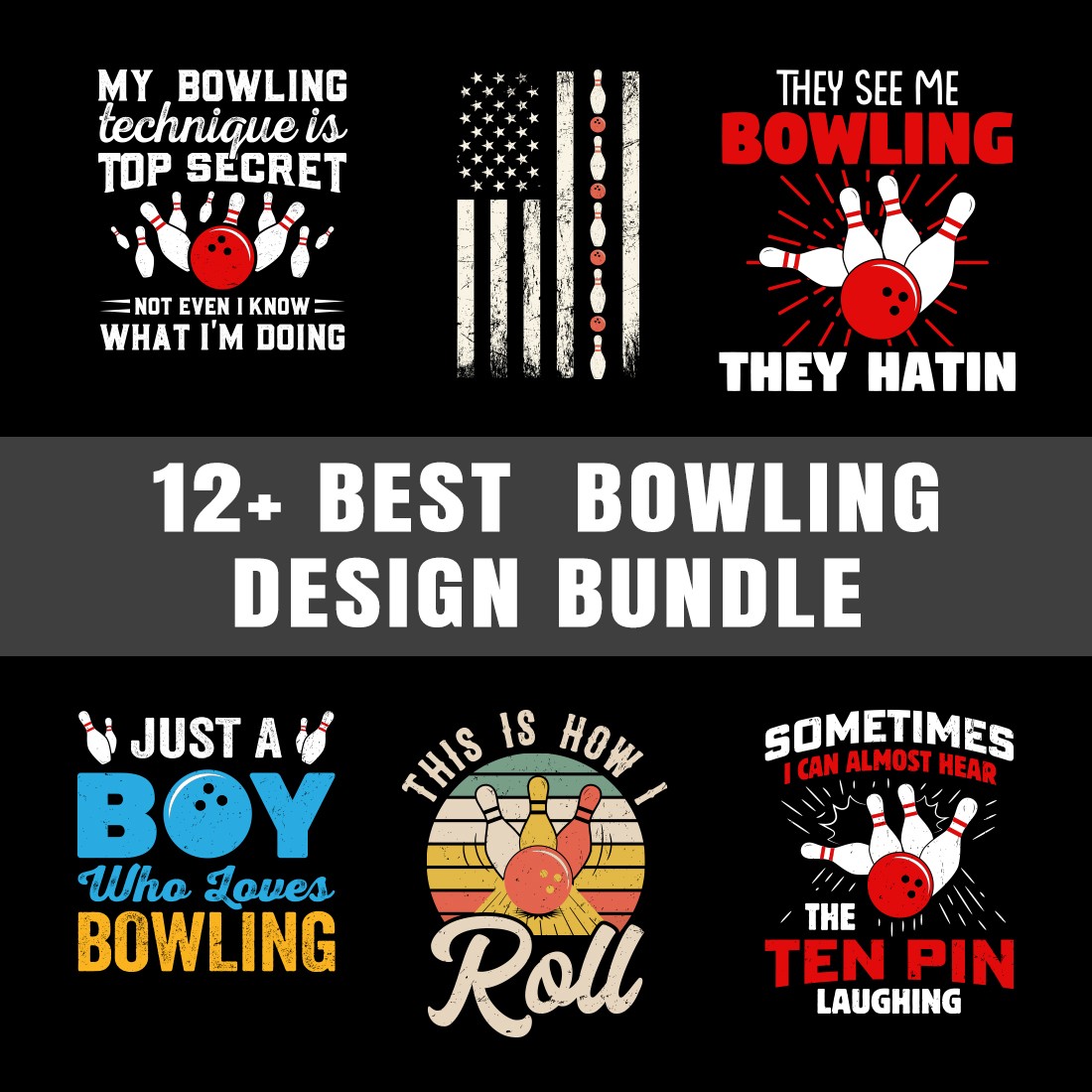 Funny Bowling T-Shirt Designs Bundle preview image.