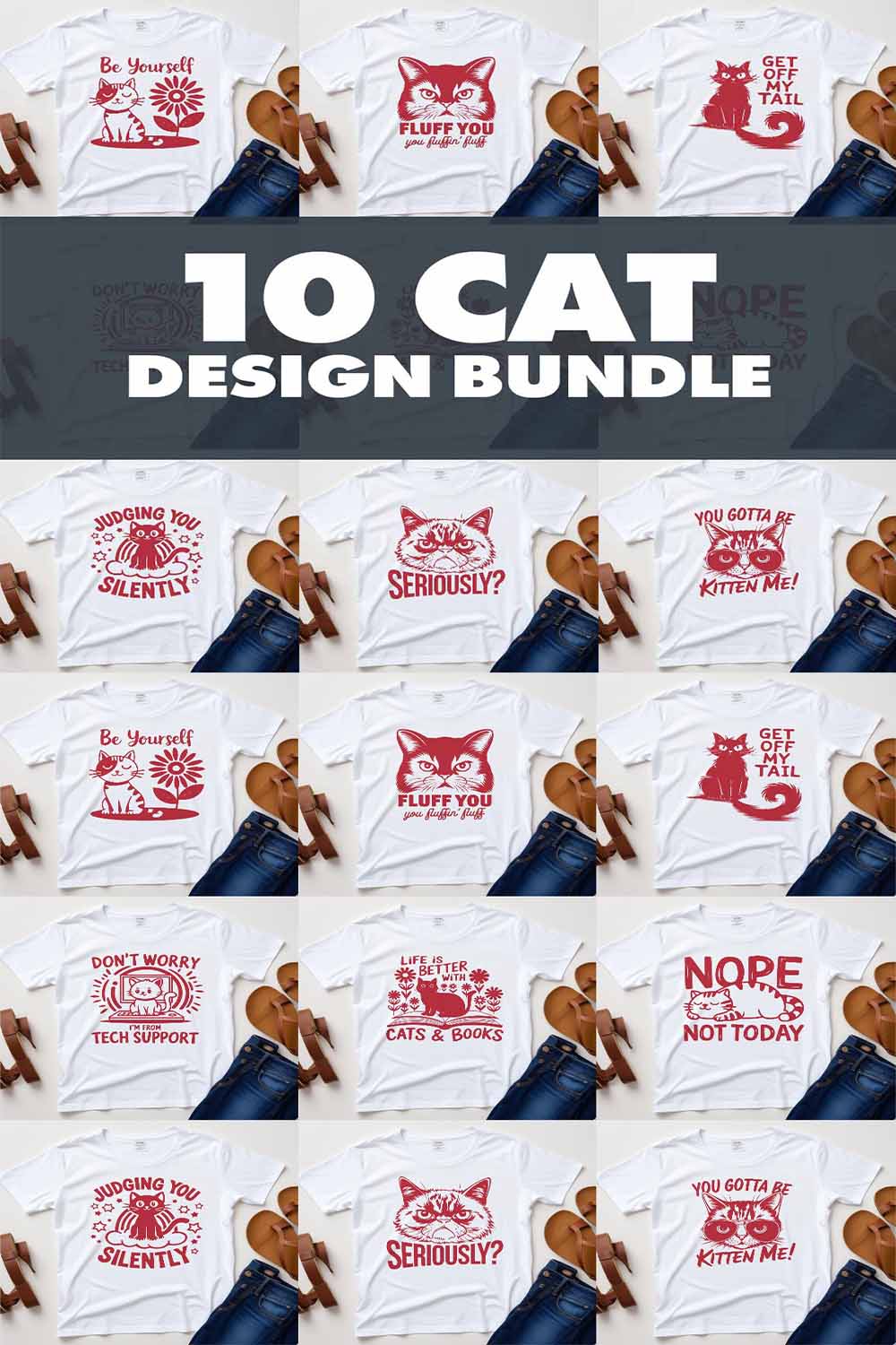 10 Cat Graphic Design Bundle For Cat Lovers pinterest preview image.