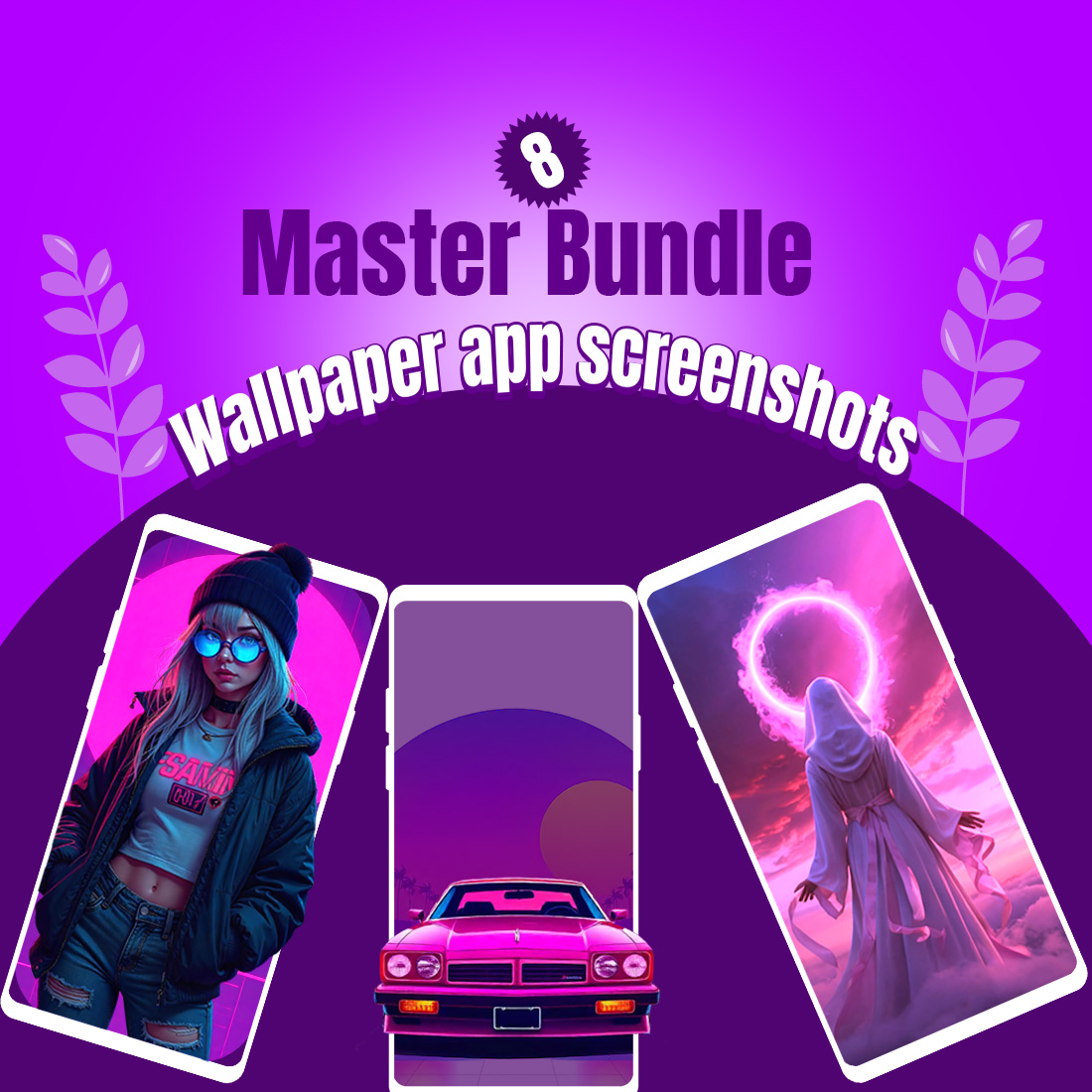 Master Bundle of 8 Unique Wallpaper App Screenshot Designs: Elevate Your App Store Presence cover image.