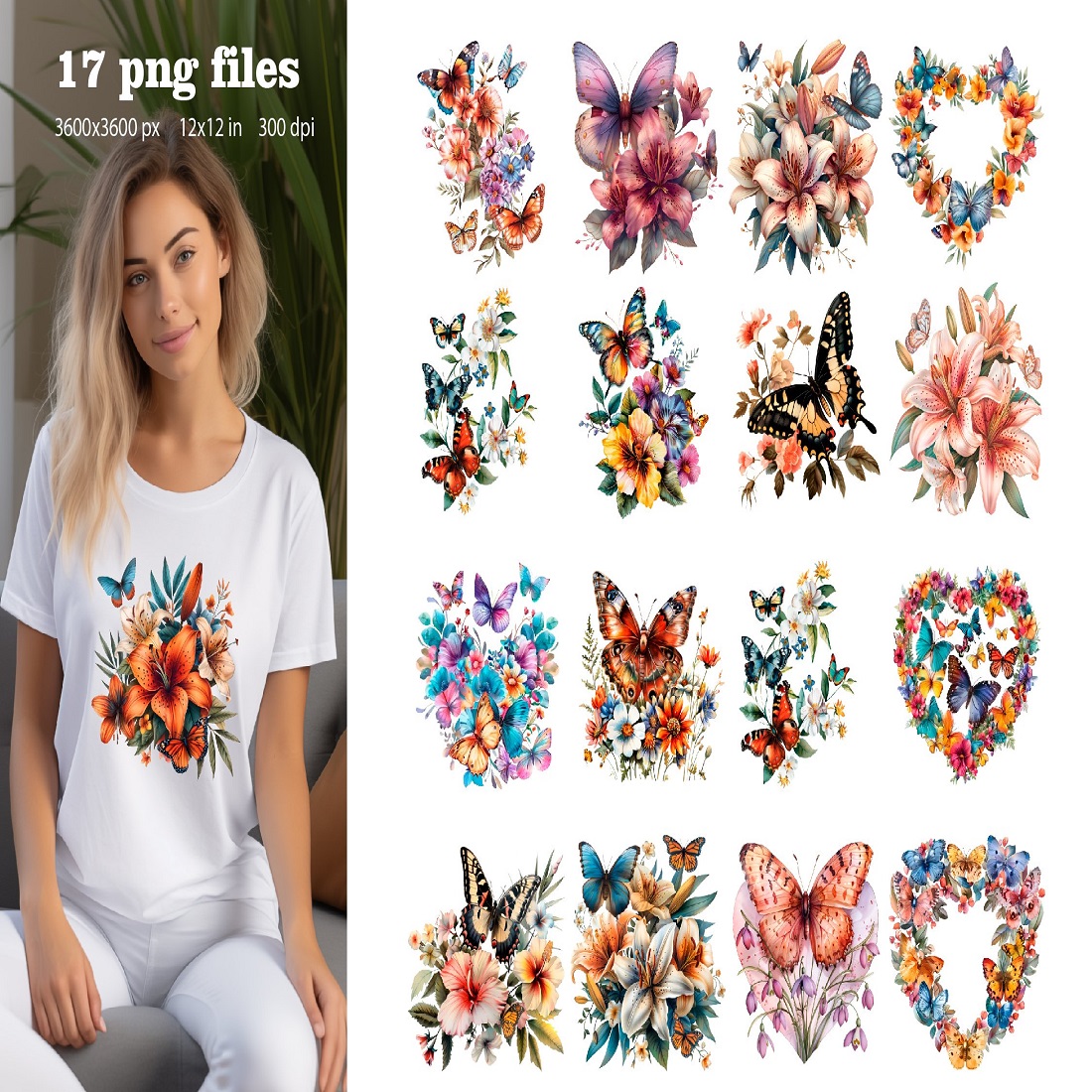 Flowers and butterflies PNG sublimation design Spring Summer preview image.