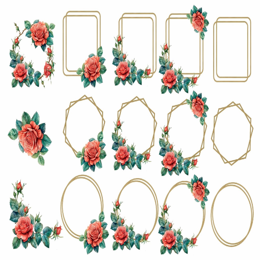 Floral Double Gold Flower PNG Frame Border, Frame with Roses preview image.