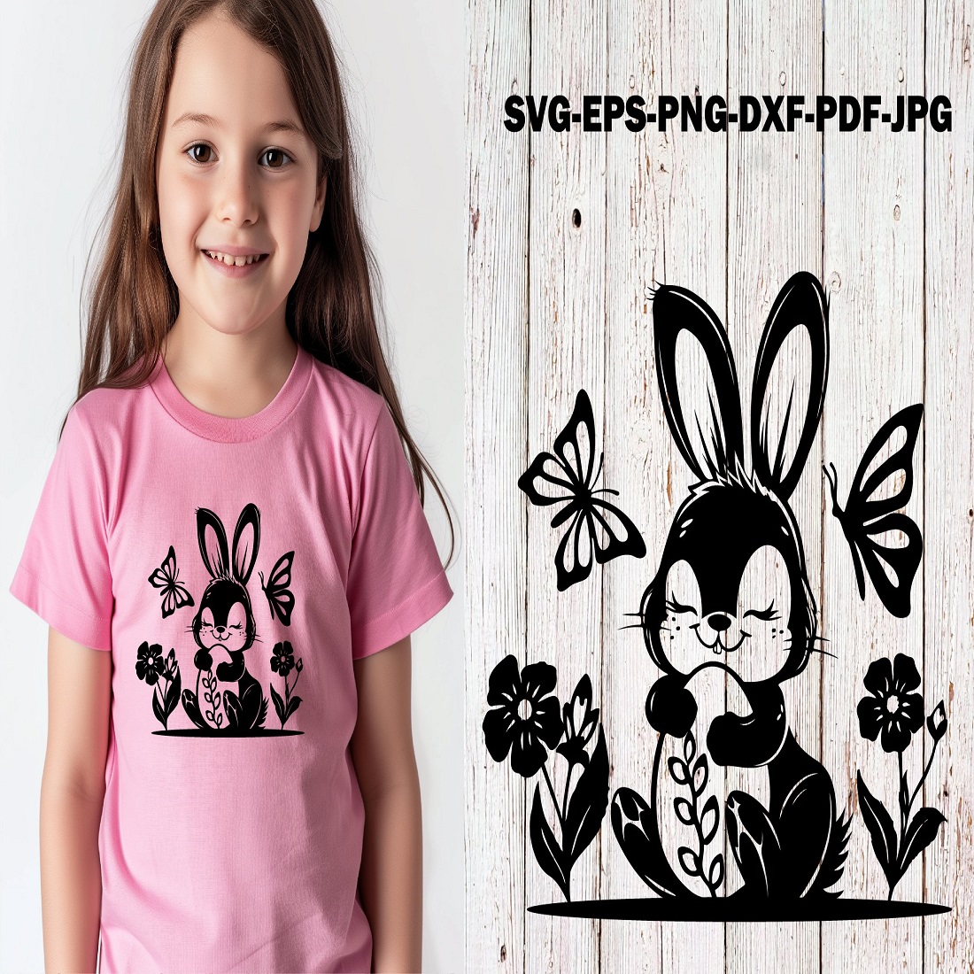 Floral Easter Bunny SVG Vector Cute Rabbit with Eggs Flowers preview image.