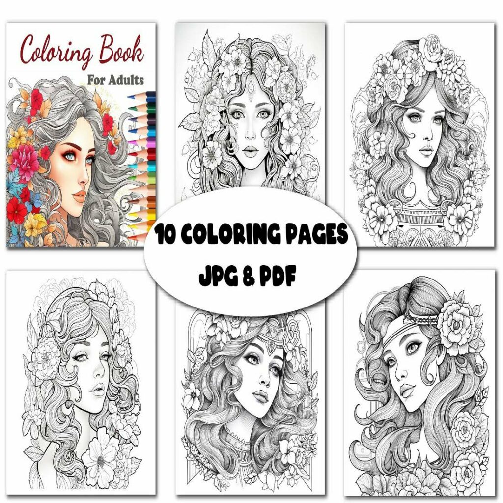 Anti-stress coloring book with girls with flowers for adults ...