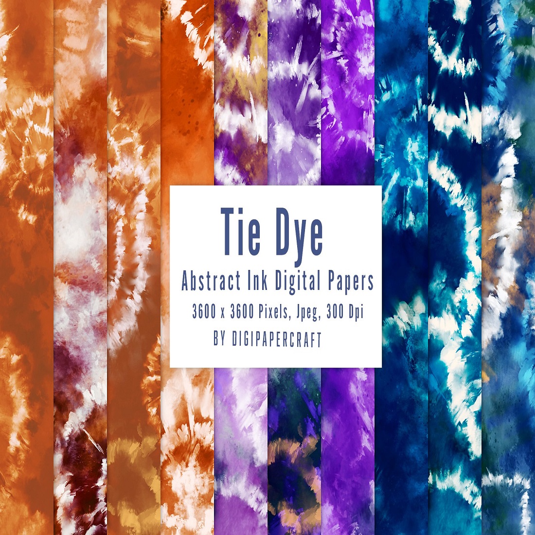 Tie Dye Digital Papers, Shibori Art, Indigo & Orange Tie Dye cover image.