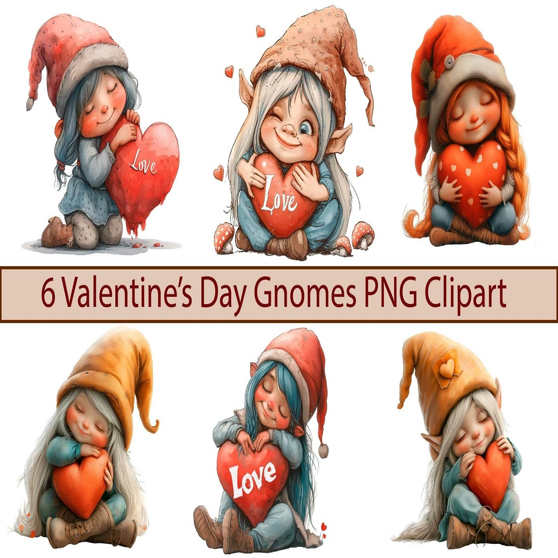 Valentines Girl Gnome Clipart Watercolor Gnomes with heart preview image.