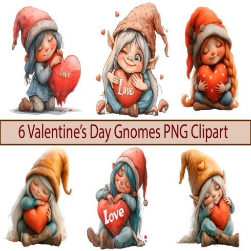 Valentines Girl Gnome Clipart Watercolor Gnomes with heart cover image.