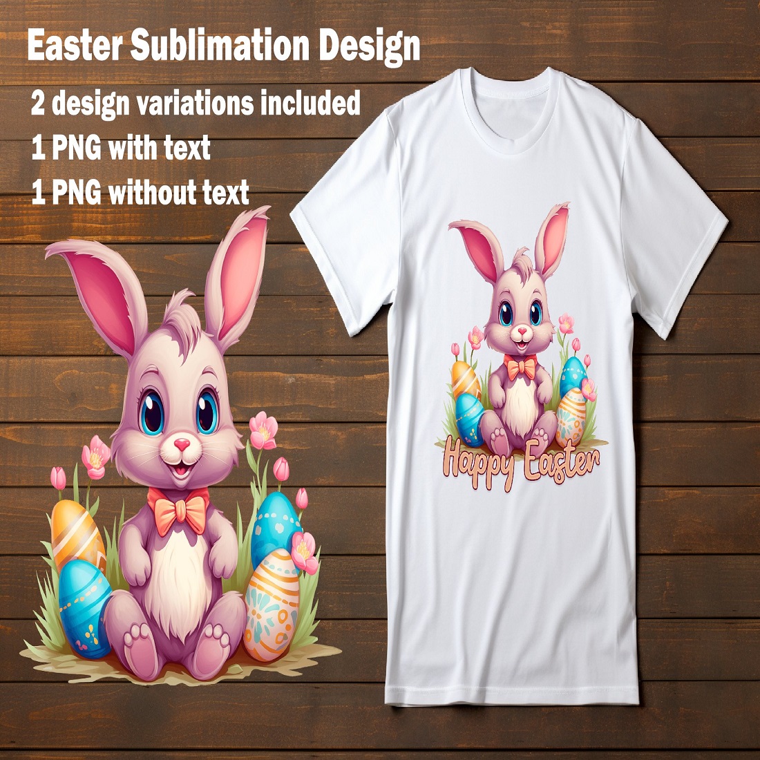 Easter sublimation design with cute bunny and eggs PNG cover image.