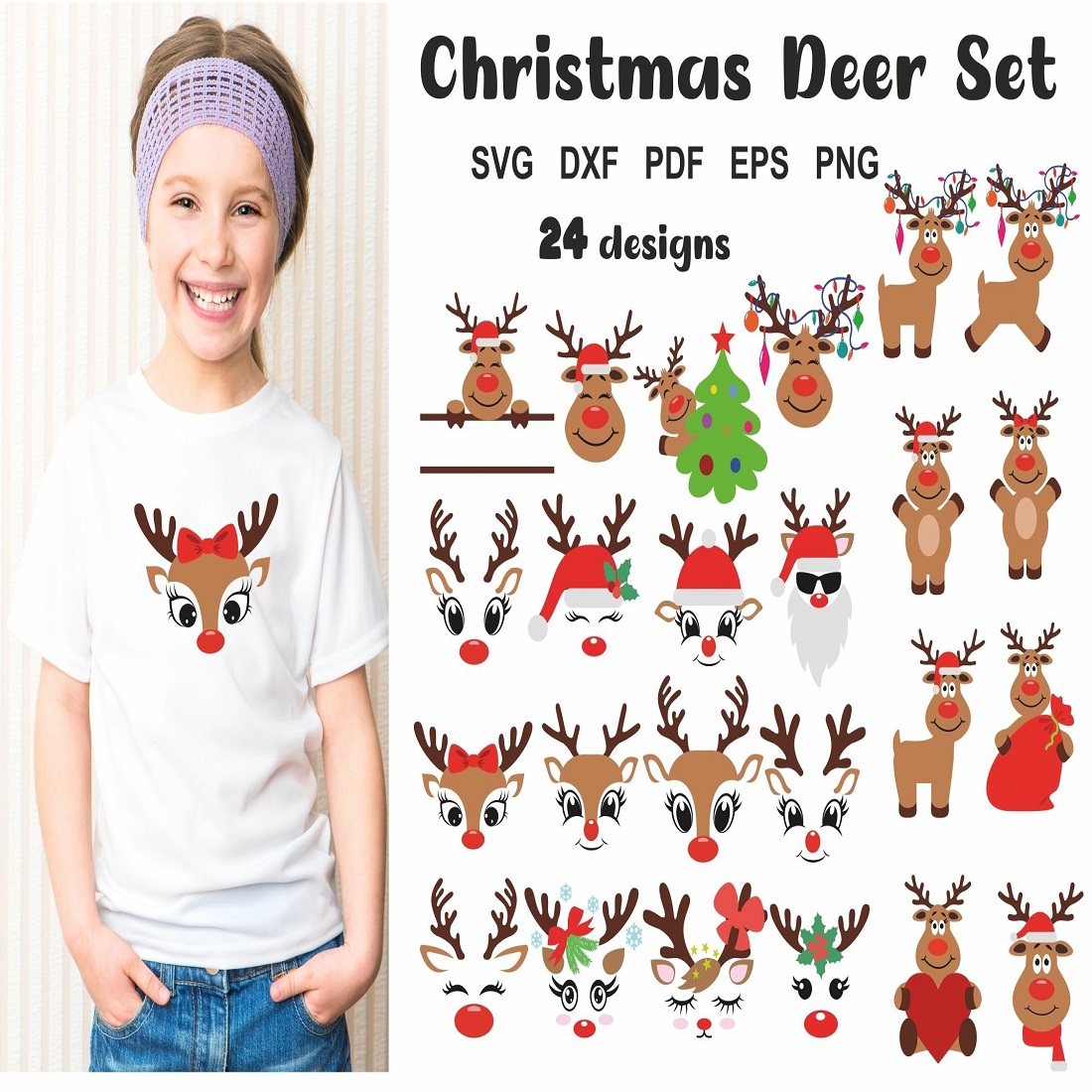 Christmas Reindeer Faces, Cute Cartoon Deer SVG preview image.