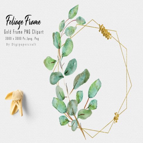 Eucalyptus leaves wreath, Polygonal Gold Foliage Frame cover image.