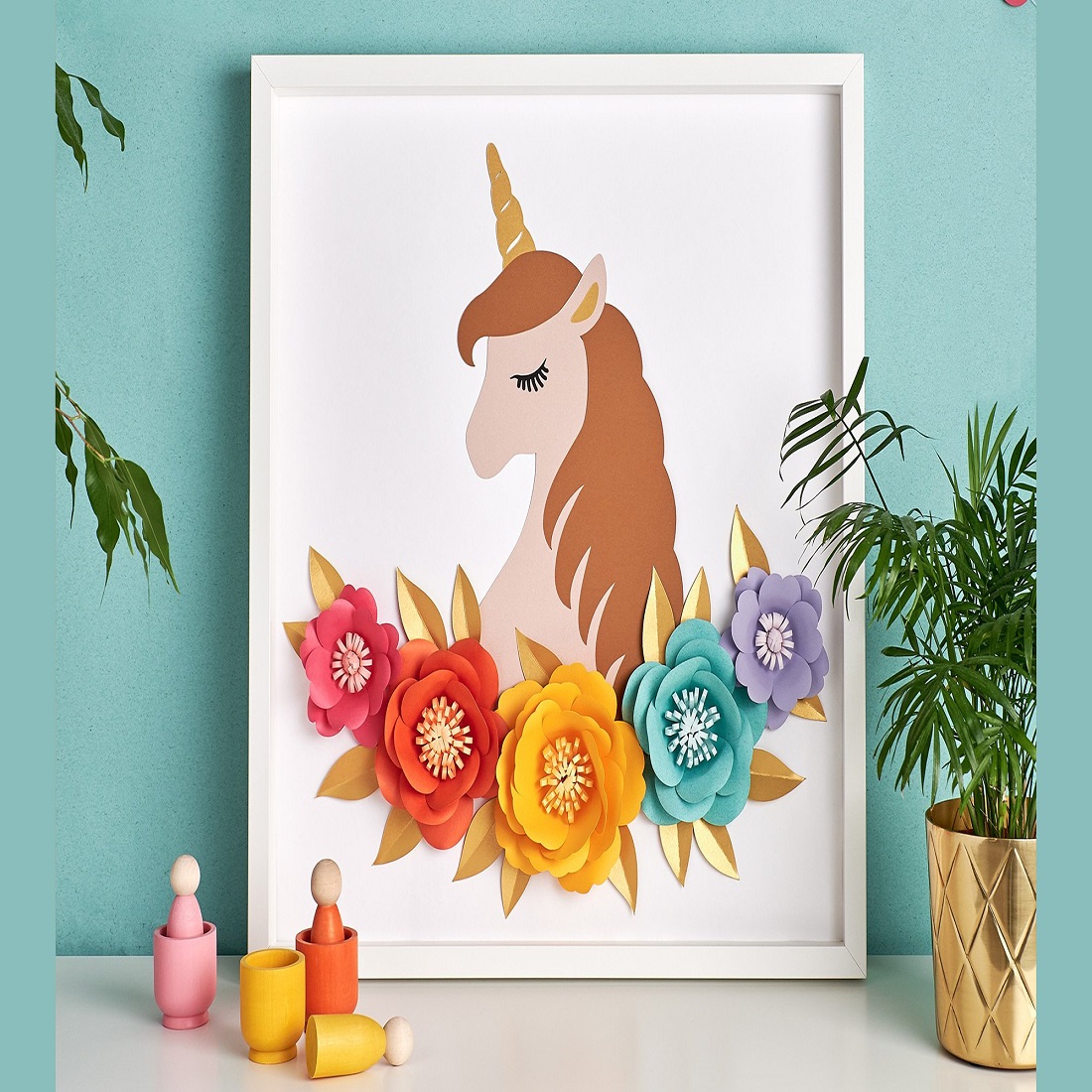 Unicorn & Paper Flowers Framed Paper Art SVG Template preview image.