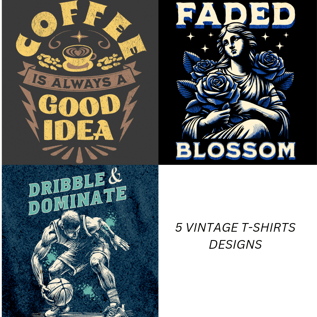 5 Vintage t-shirts designs preview image.