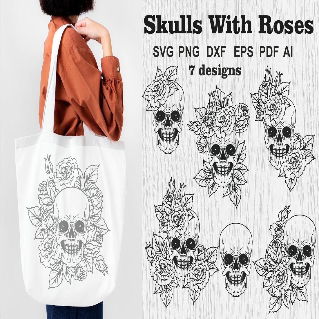 Floral Skull SVG Bundle, Skulls With Roses SVG Cut Files preview image.